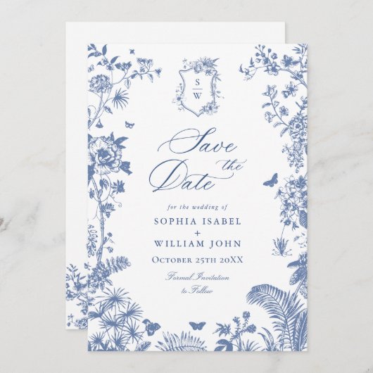 Elegant Blue French Garden Floral Wedding Foto Save The Date (Voorkant / Achterkant)