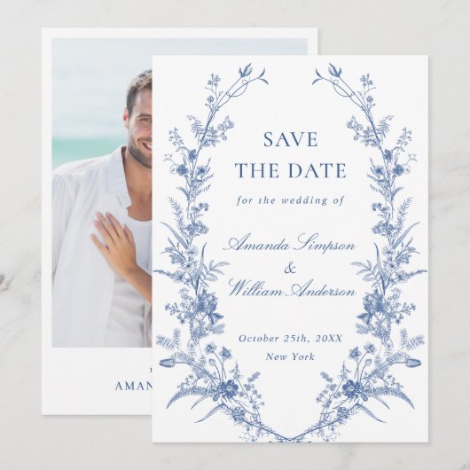 Elegant Blue French Garden Floral Wedding Foto Save The Date (Voorkant / Achterkant)