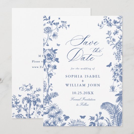 Elegant Blue French Garden Floral Wedding Foto Save The Date (Voorkant / Achterkant)