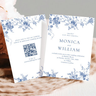Elegant Blue French Garden Floral Wedding QR code Kaart
