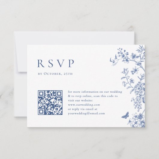 Elegant Blue French Garden Floral Wedding QR code RSVP Kaartje (Voorkant)