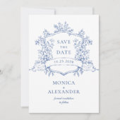 Elegant Blue French Garden Floral Wedding QR code Save The Date (Voorkant)