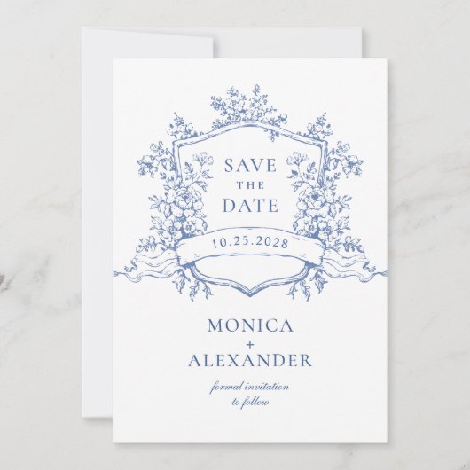 Elegant Blue French Garden Floral Wedding QR code Save The Date (Voorkant)