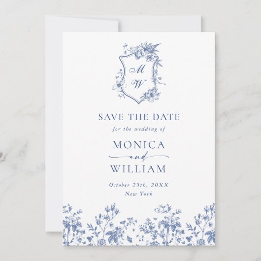 Elegant Blue French Garden Floral Wedding QR code Save The Date (Voorkant)