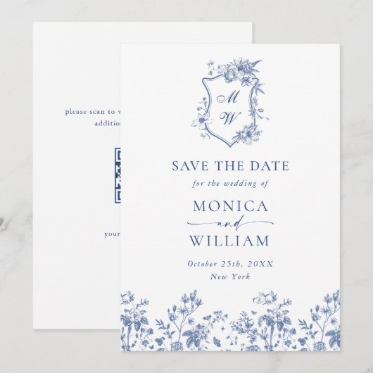 Elegant Blue French Garden Floral Wedding QR code Save The Date (Voorkant / Achterkant)