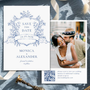 Elegant Blue French Garden Floral Wedding QR code Save The Date