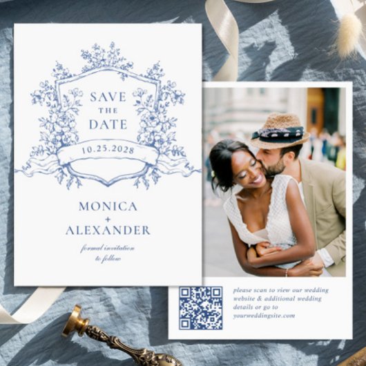 Elegant Blue French Garden Floral Wedding QR code Save The Date