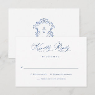Elegant Blue French Garden Floral Wedding RSVP Kaartje