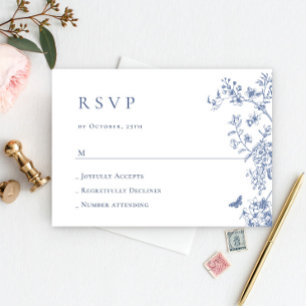Elegant Blue French Garden Floral Wedding RSVP Kaartje