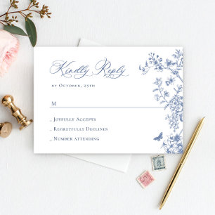 Elegant Blue French Garden Floral Wedding RSVP Kaartje