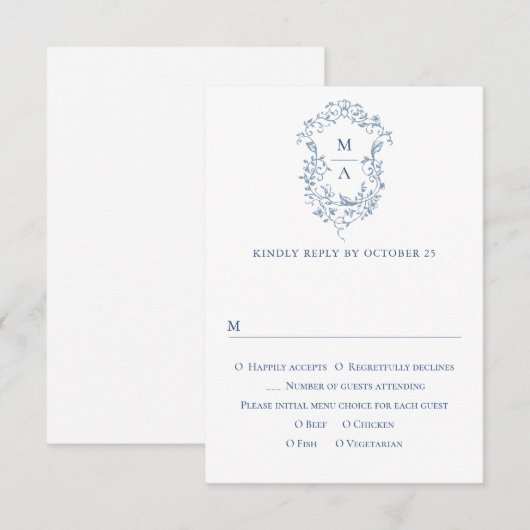 Elegant  Blue French Garden Floral Wedding RSVP Kaartje (Voorkant / Achterkant)