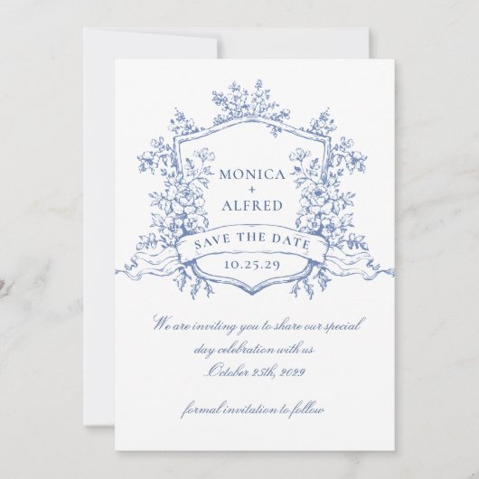 Elegant Blue French Garden Flowers Wedding Save The Date (Voorkant)