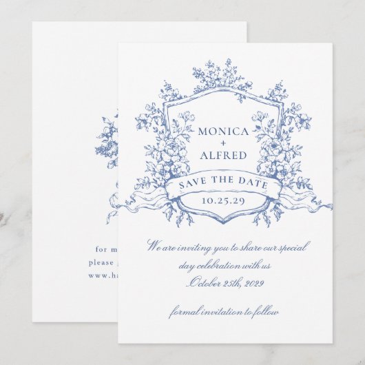 Elegant Blue French Garden Flowers Wedding Save The Date (Voorkant / Achterkant)