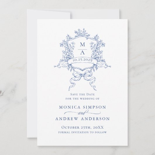 Elegant Blue French Garden Flowers Wedding Save The Date (Voorkant)