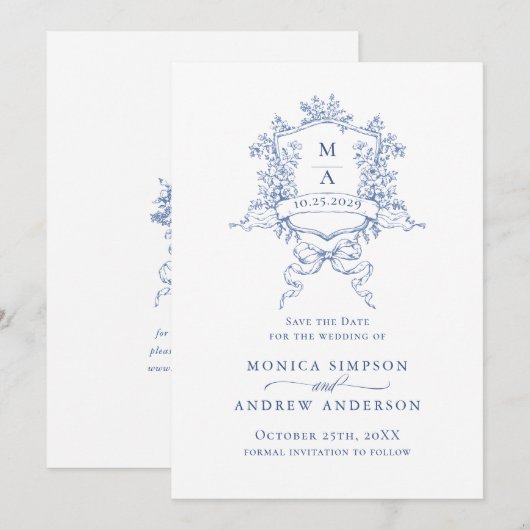 Elegant Blue French Garden Flowers Wedding Save The Date (Voorkant / Achterkant)