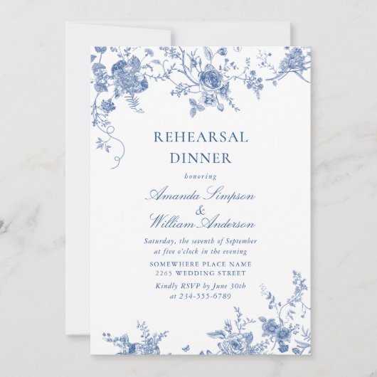 Elegant Blue French Garden Rehearsal Dinner Kaart (Voorkant)