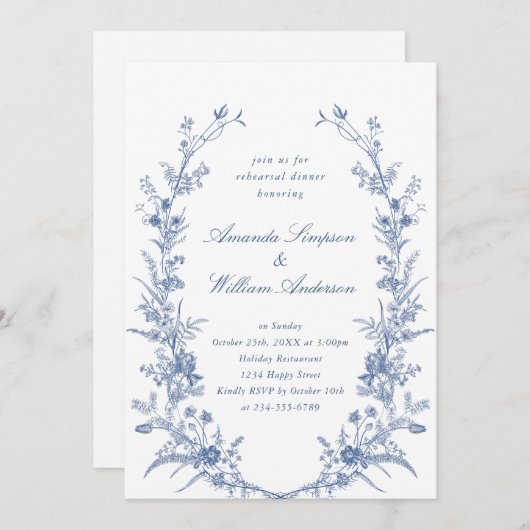 Elegant Blue French Garden Rehearsal Dinner Kaart (Voorkant / Achterkant)