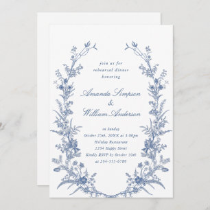 Elegant Blue French Garden Rehearsal Dinner Kaart