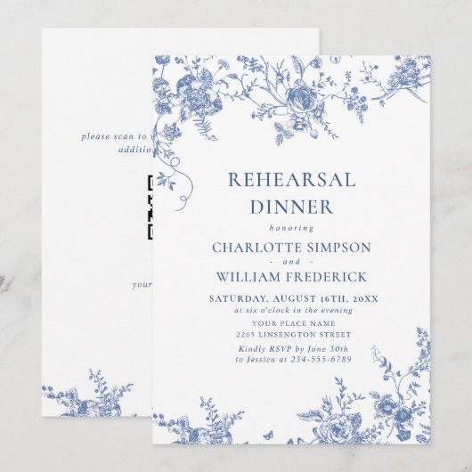 Elegant Blue French Garden Rehearsal Dinner QR Kaart (Voorkant / Achterkant)