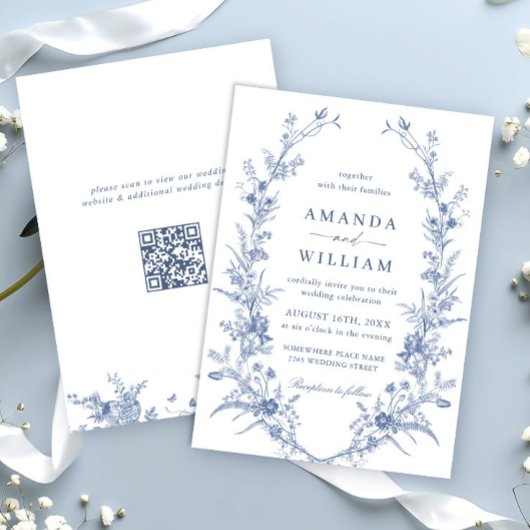 Elegant Blue French Garden Wedding QR code Kaart