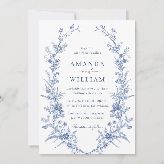 Elegant Blue French Garden Wedding QR code Kaart (Voorkant)