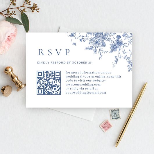 Elegant  Blue French Garden Wedding QR code RSVP Kaartje