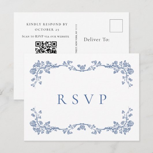 Elegant  Blue French Garden Wedding RSVP Briefkaart (Voorkant / Achterkant)