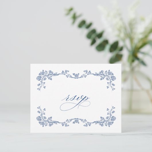 Elegant  Blue French Garden Wedding RSVP Briefkaart (Staand voorkant)