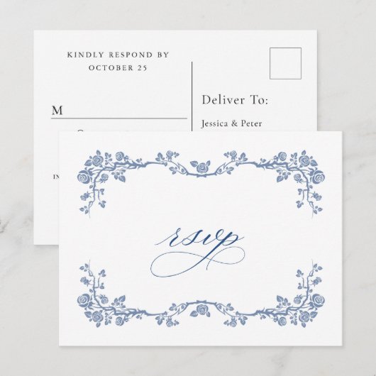 Elegant  Blue French Garden Wedding RSVP Briefkaart (Voorkant / Achterkant)