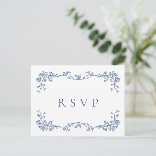 Elegant  Blue French Garden Wedding RSVP Briefkaart (Staand voorkant)