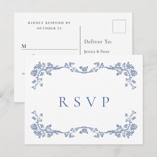 Elegant  Blue French Garden Wedding RSVP Briefkaart (Voorkant / Achterkant)