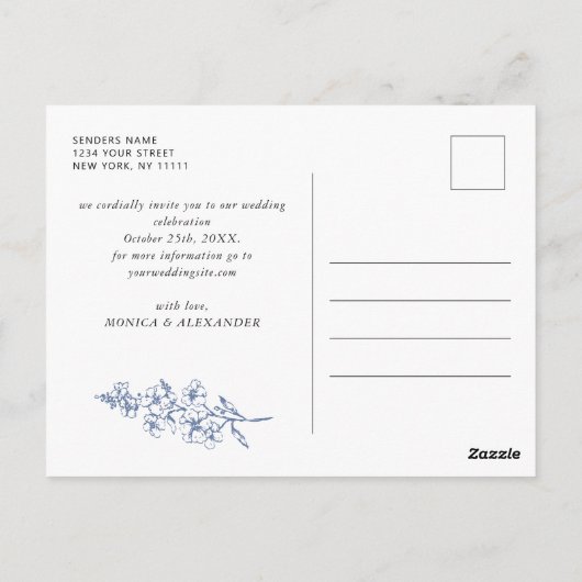 Elegant Blue French Garden Wedding Save the Date Briefkaart (Achterkant)