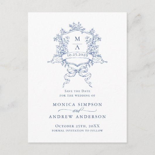 Elegant Blue French Garden Wedding Save the Date Briefkaart (Voorkant)