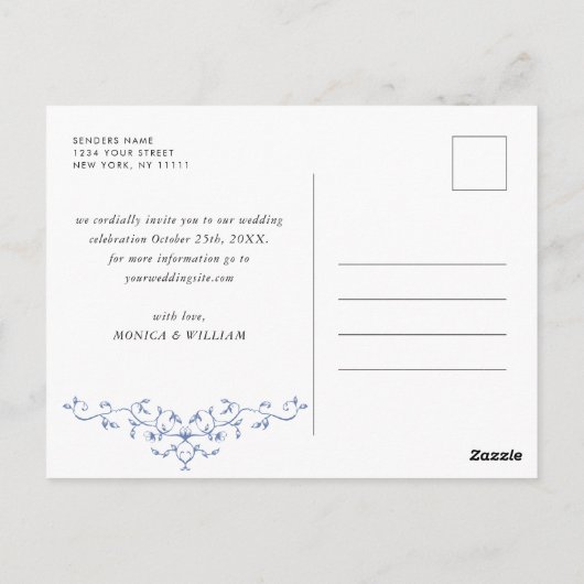 Elegant Blue French Garden Wedding Save the Date Briefkaart (Achterkant)