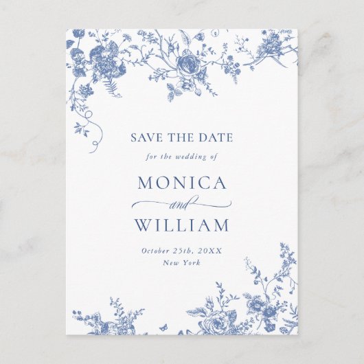 Elegant Blue French Garden Wedding Save the Date Briefkaart (Voorkant)