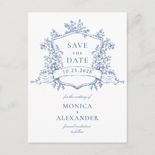 Elegant Blue French Garden Wedding Save the Date Briefkaart (Voorkant)