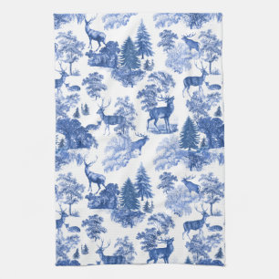 Elegant Blue French Toile Deer in Woodland Theedoek