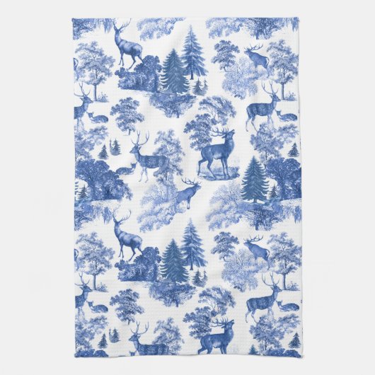 Elegant Blue French Toile Deer in Woodland Theedoek (Verticaal)