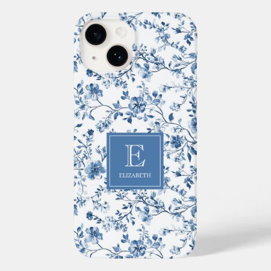 Elegant Blue French Toile Pattern Monogram Name Case-Mate iPhone Case (Achterkant)