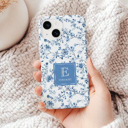Elegant Blue French Toile Pattern Monogram Name Case-Mate iPhone 14 Hoesje