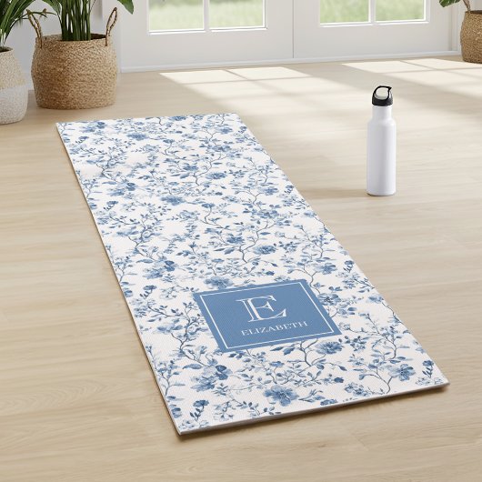 Elegant Blue French Toile Pattern Monogram Name  Yogamat