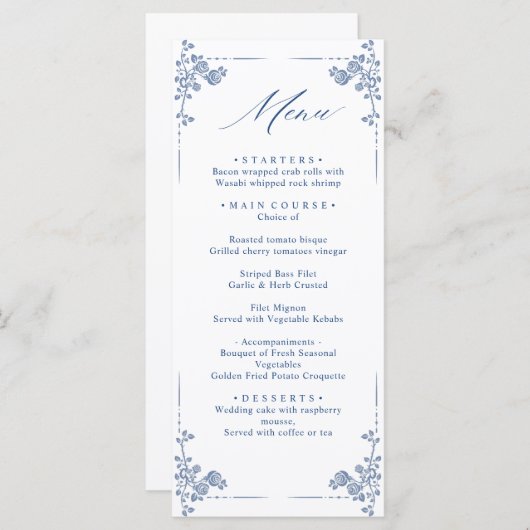 Elegant Blue  Garden Flowers Weddenschap Menu (Voorkant / Achterkant)