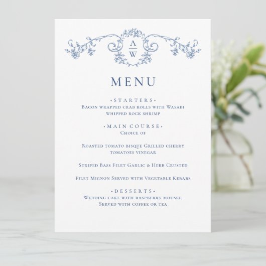 Elegant Blue  Garden Flowers Weddenschap Menu (Staand voorkant)
