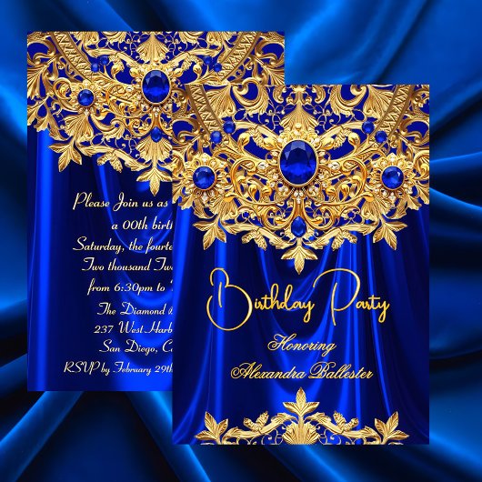 Elegant Blue Gems Gold Lace Damask Birthday Party Kaart