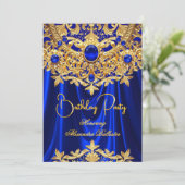Elegant Blue Gems Gold Lace Damask Birthday Party Kaart (Staand voorkant)