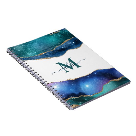 Elegant Blue Geode Agate Monogramed Gold Glitter Notitieboek (Rechterzijde)