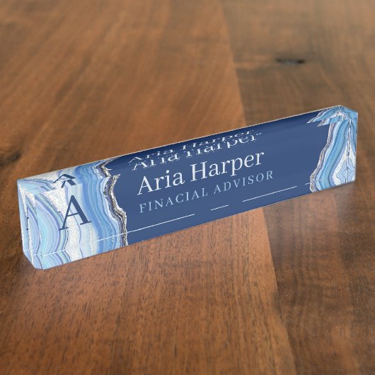 Elegant Blue Geode Silver Glitter Agate Monogram Naambordje (Zijkant)