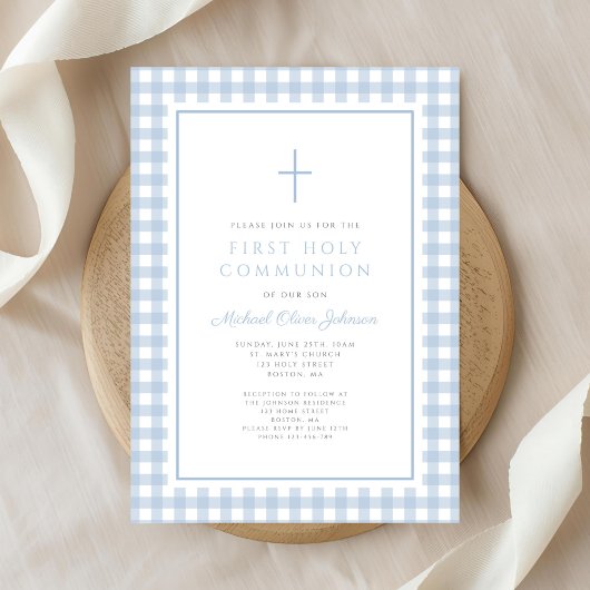 Elegant Blue Gingham Boy First Communion Kaart