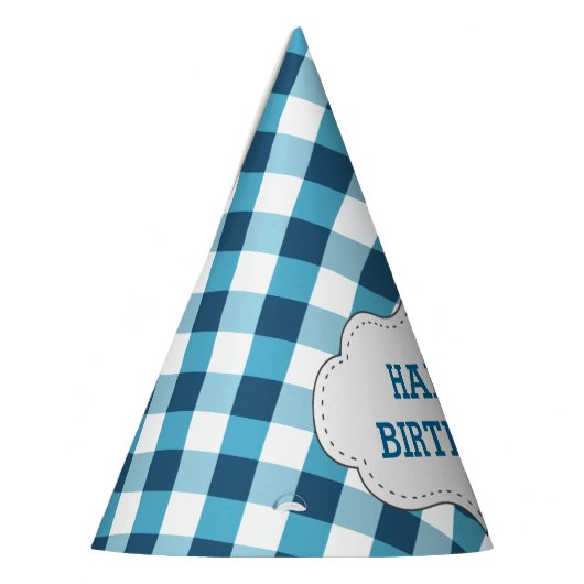 Elegant Blue Gingham Pattern Personalized Birthday Feesthoedjes (Links)