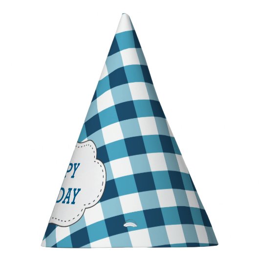 Elegant Blue Gingham Pattern Personalized Birthday Feesthoedjes (Rechts)